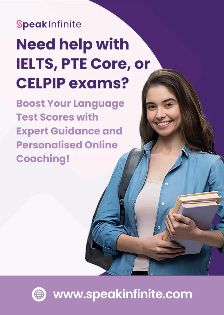 Graphic showing information about improving IELTS, CELPIP, PTE Exam scores